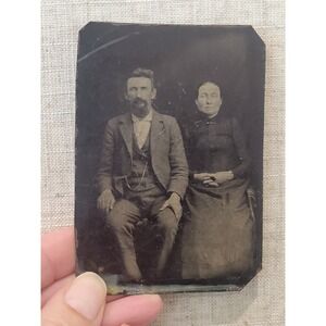 Tintype Vintage Photo Dapper Mustached Man & Wife 1880s